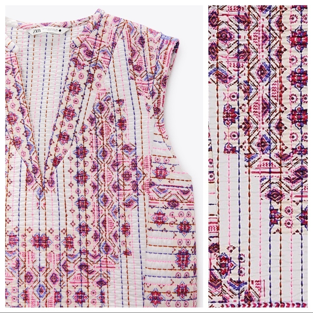 NWT. Zara Cream/Pink Printed Quilted Vest with V-neckline. Size S. - Picture 3 of 8